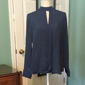 White House Black Market Blue Long Sleeve Blouse with Mandarin Collar